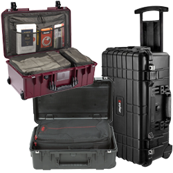 Maximum carry-on sized hard cases with wheels, pull handles, foam, dividers, and organizer options for travel and equipment protection