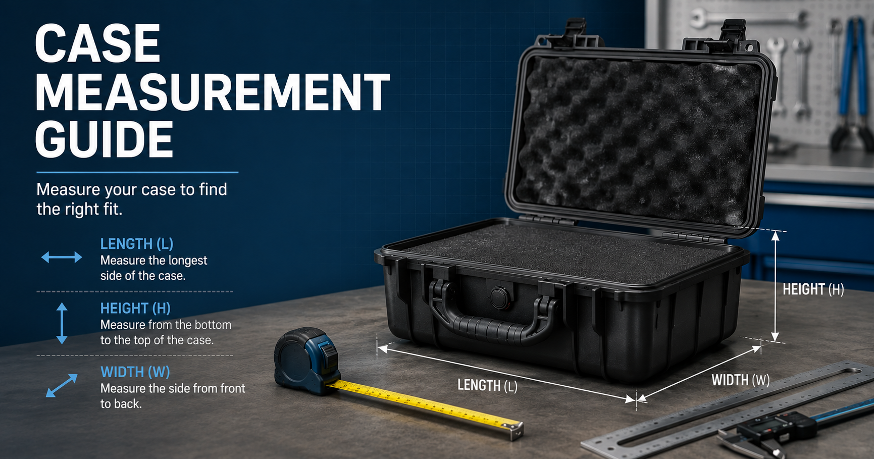 Measuring equipment length width and height to select a protective case