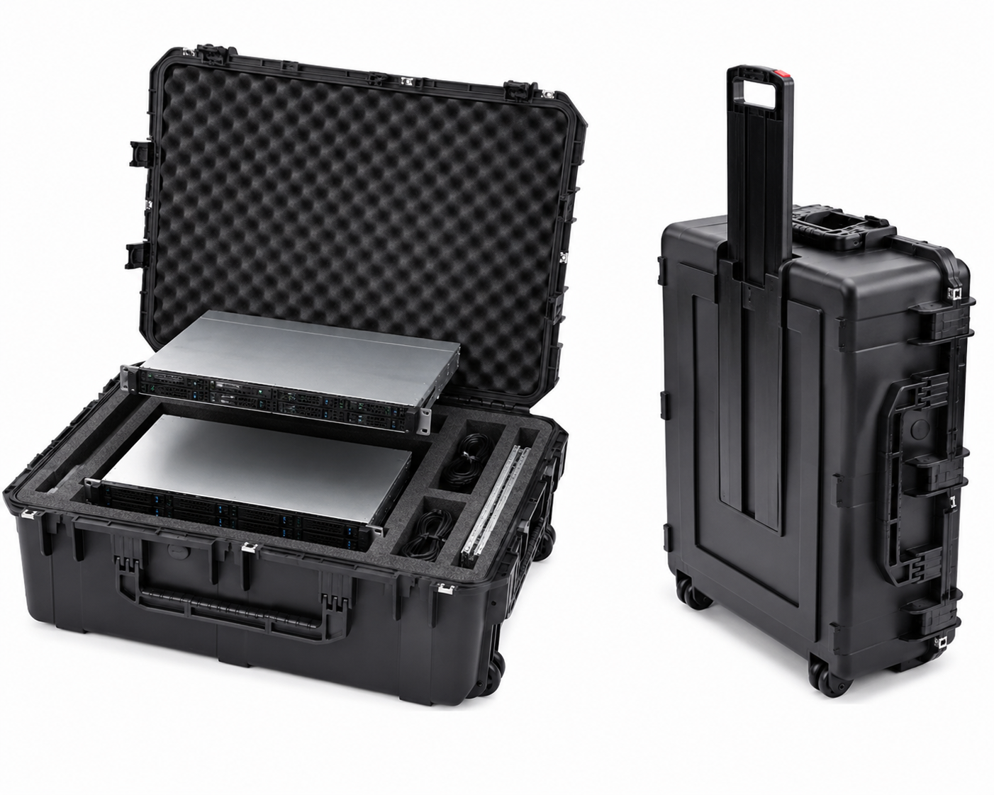 Open server shipping case with custom foam interior for 1U and 2U rack mount servers