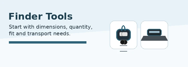 Finder tools graphic for case dimensions quantity and transport fit